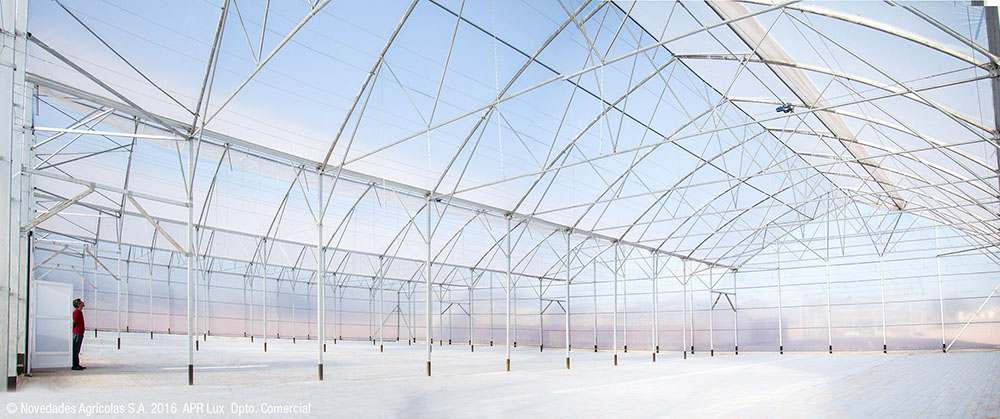 Uno de los invernaderos de APR Greenhouses, con un ancho de luz de 14,40 metros.